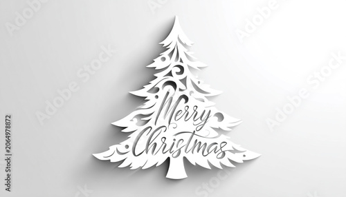 Cut-paper Christmas tree silhouette with elegant text isolated on plain background