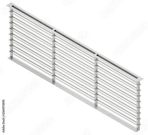 3d render of a modern minimalist metal handrail with horizontal slats and vertical posts in an orthographic view. the architectural structure features clean metallic lines and a chrome finish.