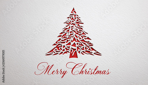 Cut-paper Christmas tree silhouette with elegant text isolated on plain background