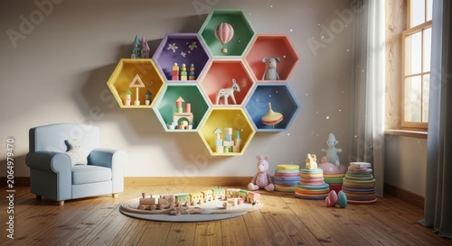 Modern kids room with honeycomb wall shelf display interior design living room