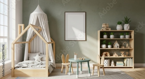 Modern scandinavian nursery interior with empty poster frame, interior design