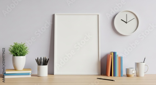 Modern workspace desk with empty wall frame mockup interior design living room