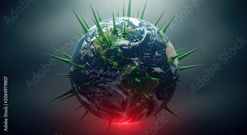 Abstract spiky viral cell sphere floating in dark void with microscopic