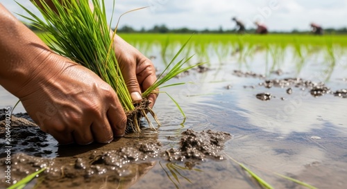 Farmer planting rice seedlings in wet muddy field with agriculture, planting
