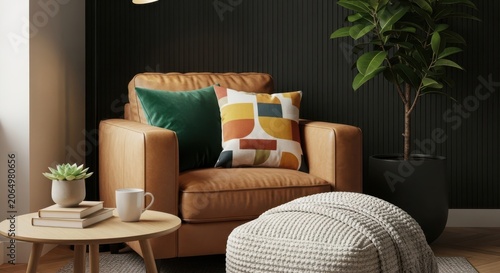 Minimalist living room corner with leather armchair and decorative pillows