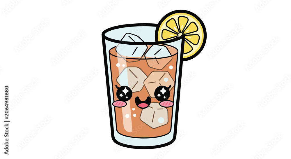 Obraz premium Cute iced tea drink with ice cubes and lemon slice on white background 