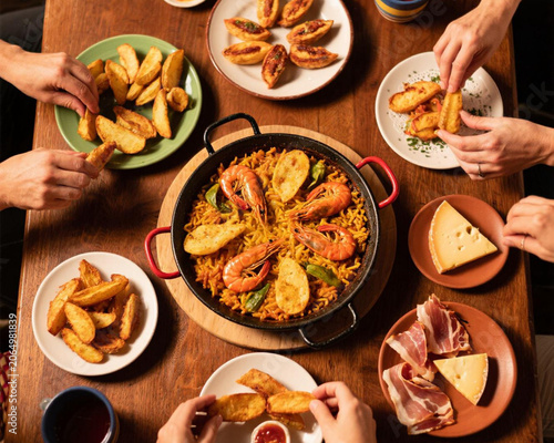 Group of Friends Sharing Traditional Spanish Paella and Tapas at Rustic Wooden Table
