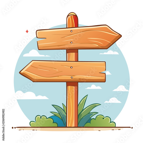 Cartoon wooden signpost with directional arrows in nature