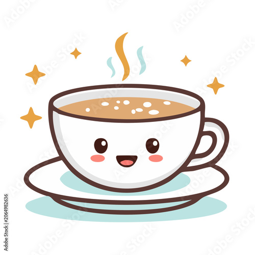 Cute cartoon coffee cup with steam and stars