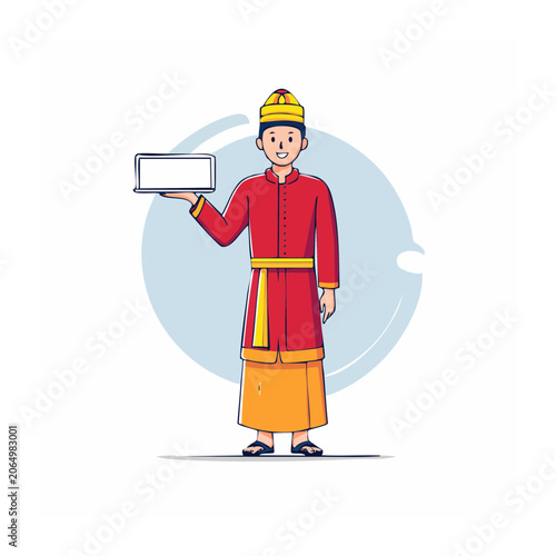 Man in traditional clothing holding a tablet