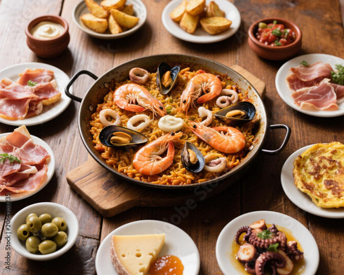 Authentic Spanish Paella Seafood Feast with Tapas Spread on Rustic Wooden Table