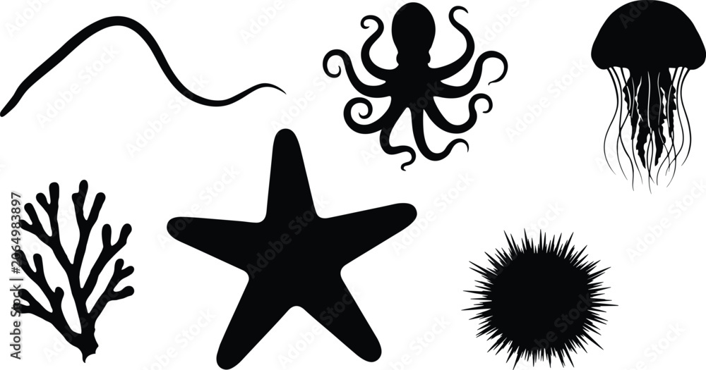Fototapeta premium Marine Life Silhouette Collection with Octopus Jellyfish Starfish Coral and Sea Urchin