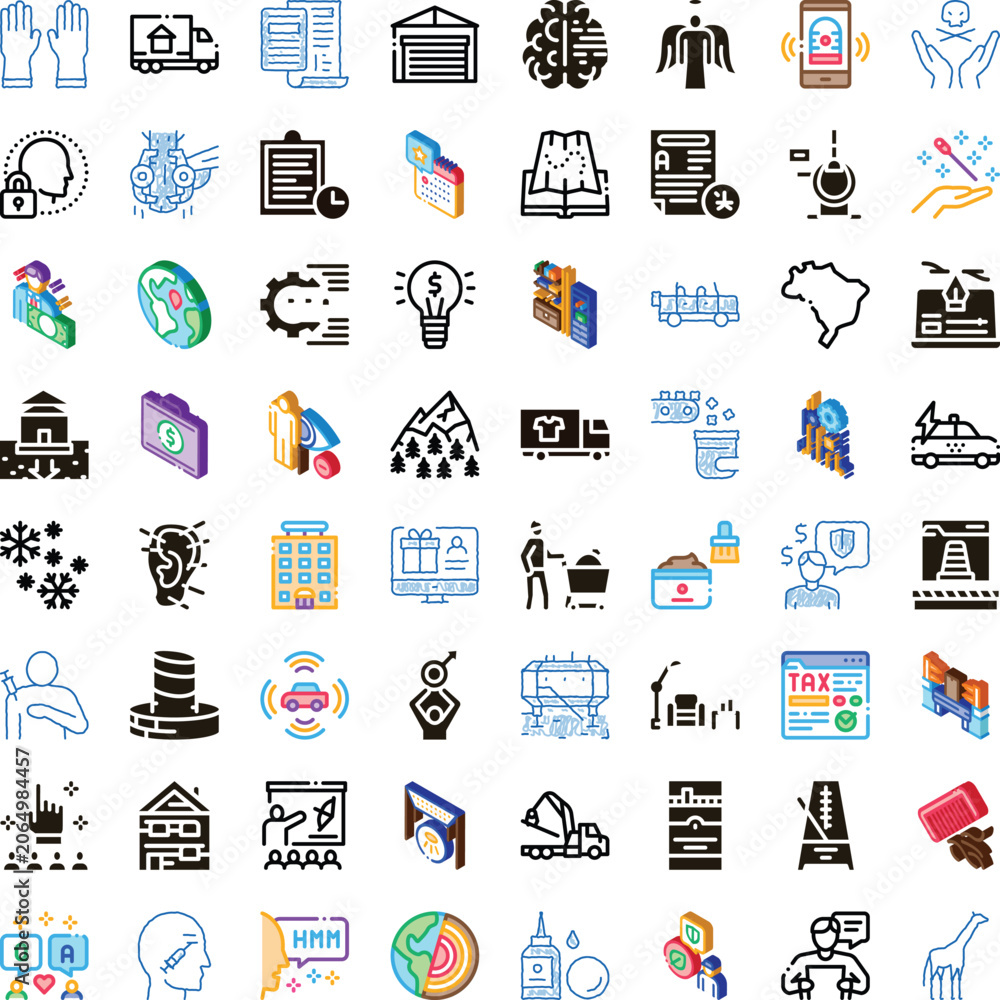 Fototapeta premium Diverse collection of line and isometric icons representing multiple themes including business, technology, nature, finance, education, health, and travel for digital design