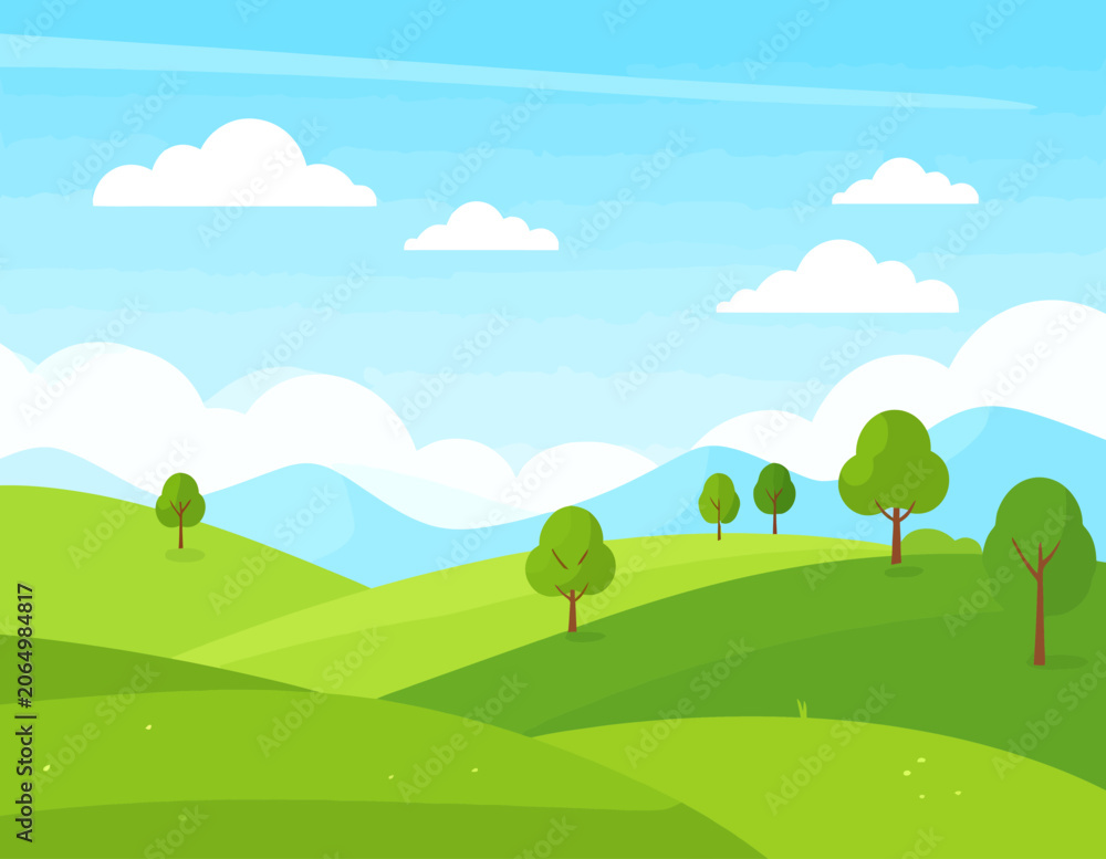 Obraz premium Soft green rolling hills landscape under a bright blue sky with white clouds. Flat vector nature background illustration.
