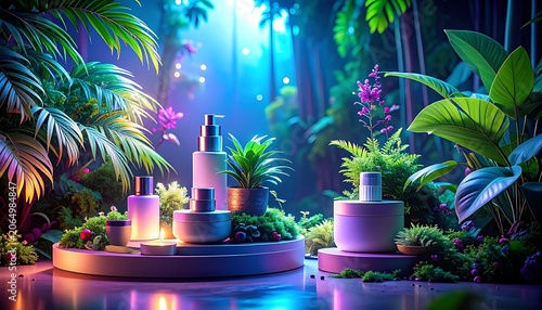 A serene, futuristic jungle scene with glowing products