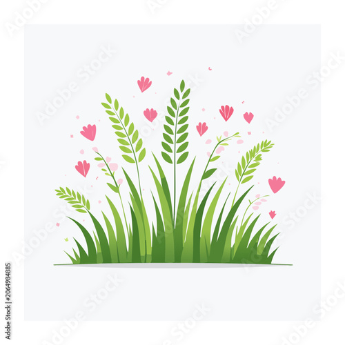 Flat design grass and flowers with hearts