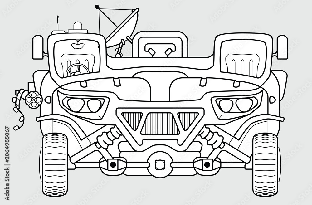 Obraz premium Abstract military armored vehicle. Outline sketch. SUV front view. Engineering battle war car in frontal perspective. Vecor illustration isolated on gray background