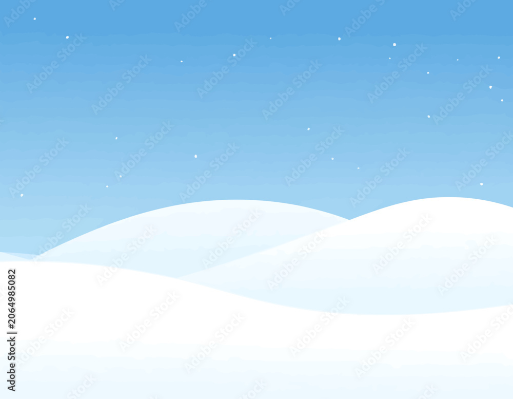Fototapeta premium Minimalist illustration of a serene winter landscape with snow-covered rolling hills under a clear blue sky and falling snowflakes.