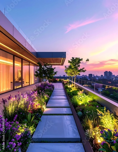 A serene rooftop garden at sunset with modern architecture (25)