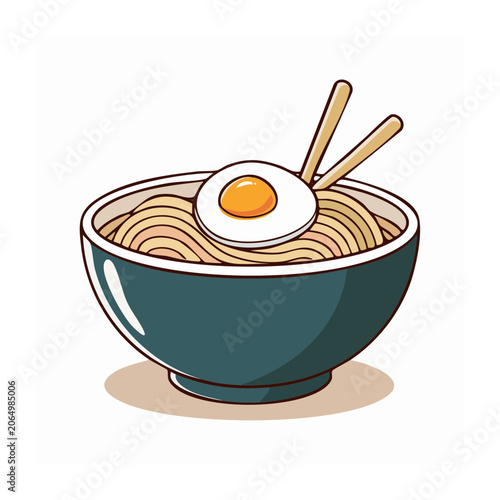 Illustration of a bowl of noodles with a fried egg and chopsticks