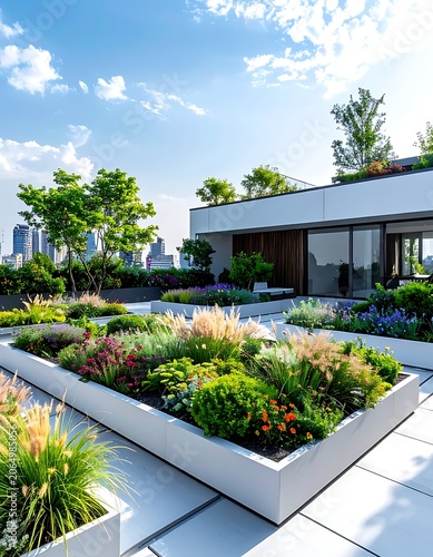 A serene rooftop garden with a modern building and city skyline (5)