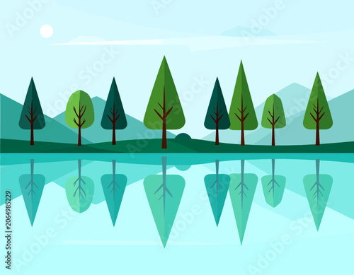 Obraz na plátně A minimalist flat design illustration of a serene forest landscape with trees reflected in a calm lake under a clear sky