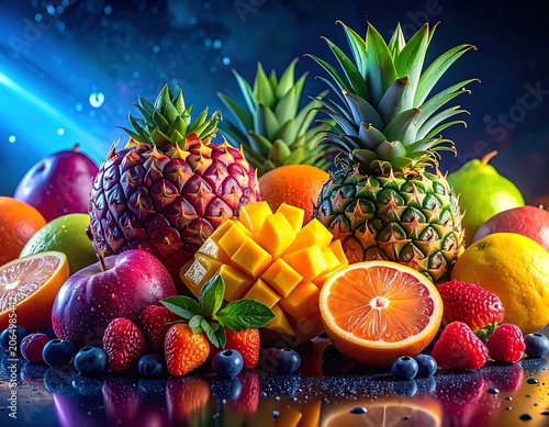 A vibrant arrangement of fresh fruits on a reflective surface (24)