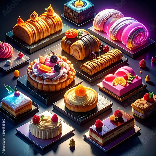 A vibrant assortment of colorful desserts on display