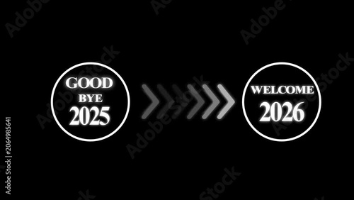 Glowing neon White color  goodbye 2025 and welcoming the  2026 New Year Direction to Swipe arrow animation 4k video.