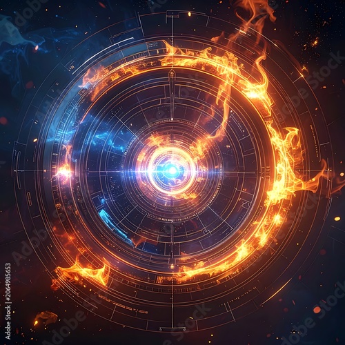 A vibrant, futuristic, circular energy portal with swirling flames