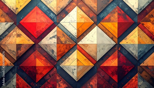 A vibrant geometric pattern of multicolored squares and triangles