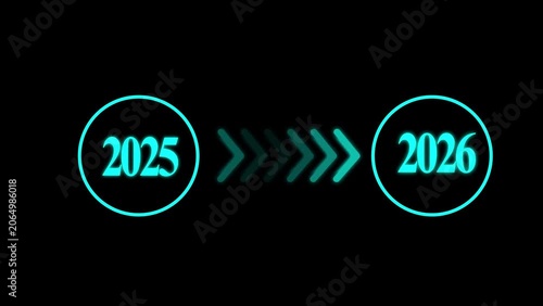 Abstract Glowing neon Cyan color 2025 to 2026 New Year Swipe arrow animation on black background  4k video.