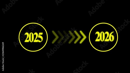 Abstract Glowing neon Yellow color 2025 to 2026 New Year Swipe arrow animation on black background  4k video.