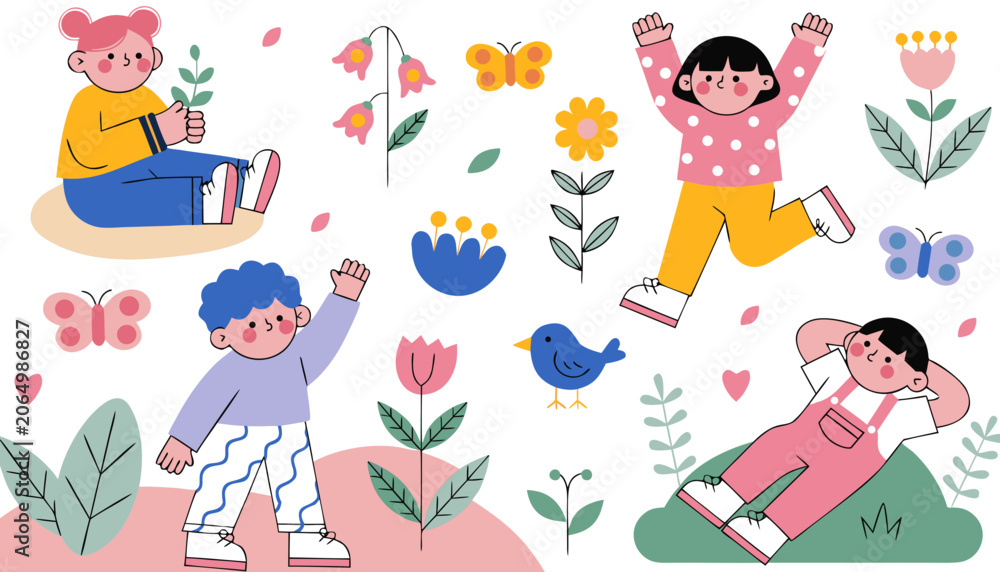 Naklejka premium Group of happy kids jumping and waving in floral meadow with birds and butterflies around.