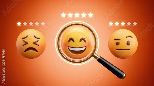 Customer feedback analysis concept with magnifying glass over a happy emoji surrounded by neutral and frustrated icons against an orange background gradient