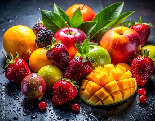 A vibrant assortment of fresh fruits on a dark surface (3)
