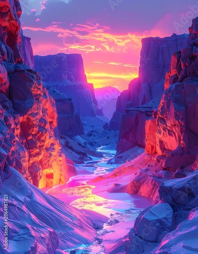 A vibrant canyon landscape at sunset with a river flowing through (7)
