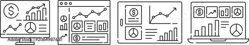 Financial Dashboard Icons Set Vector Illustration, Business Analytics Reporting and Investment Performance Monitoring Line Art Design