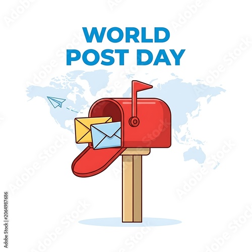World Post Day celebration with red mailbox and letters on global map background