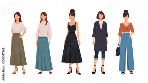 Diverse group of five stylish women showcases a variety of modern fashion outfits ranging from casual wear to formal dresses.