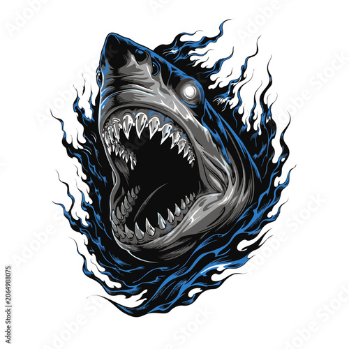 A terrifying great white shark head emerging with jaws wide open