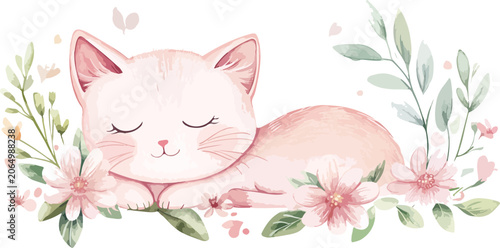 Cute cartoon kitten holding flowers with hearts and pink floral design illustration of adorable pet love artwork