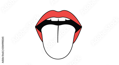 Bold and simple cartoon illustration of an open mouth with a large white tongue sticking out against a clean white background.