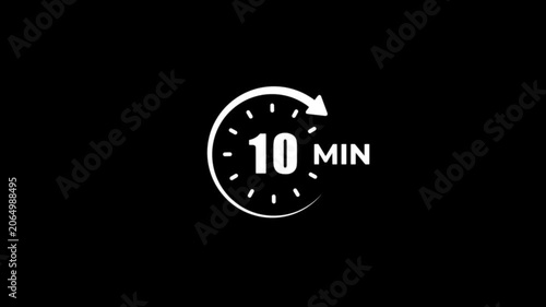 Timer 10 minutes clock symbol white animation minimalist on a black background.
