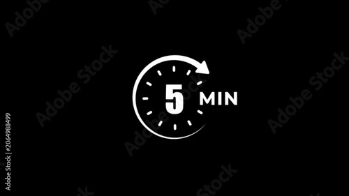 Timer 5 minutes countdown clock animation on a black background.