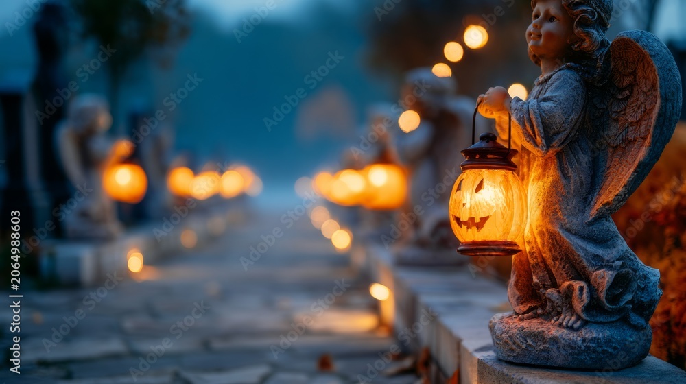 Obraz premium Stone Angel Statues Lined Along a Graveyard Path with Lanterns Glowing