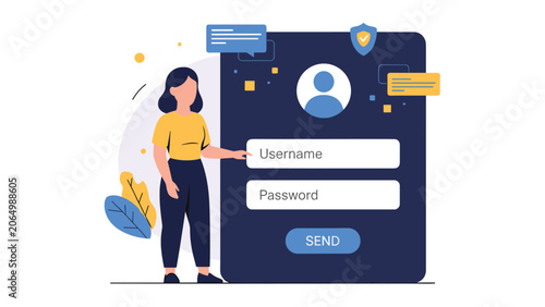 Female user standing beside a large, dark digital login screen with username and password fields, highlighting online security features.