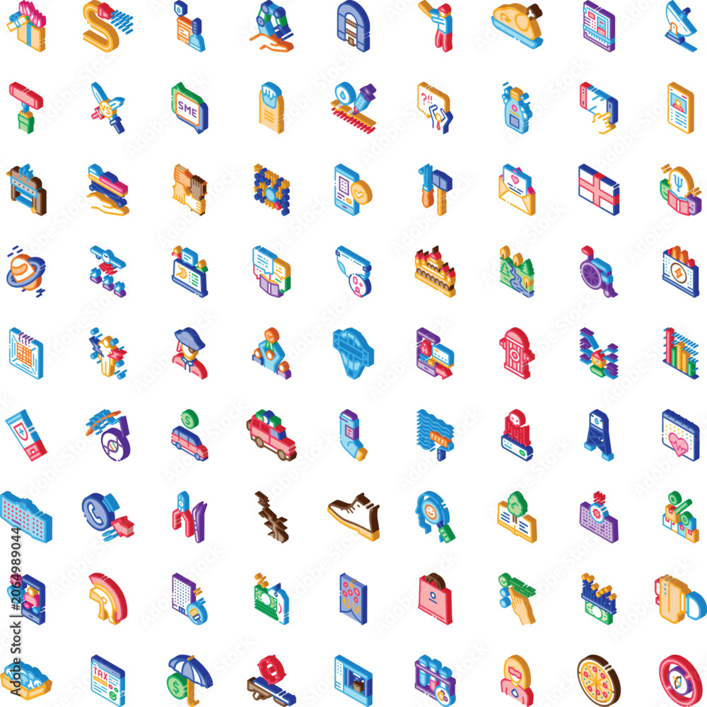 Obraz premium Collection of colorful isometric icons illustrating various concepts from business, finance, technology, communication, and social services, ideal for web design and presentations