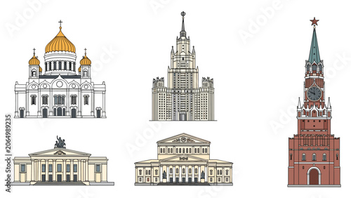 Set of detailed architectural illustrations depicting five iconic landmarks of Moscow Russia including the Kremlin and Bolshoi Theatre.