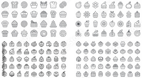 collection of black and white line icons of various sweet desserts and cakes
